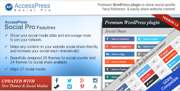 دانلود افزونه وردپرس AccessPress Social Pro - ایجاد دسترسی به شبکه های اجتماعی | پلاگین AccessPress Social Pro