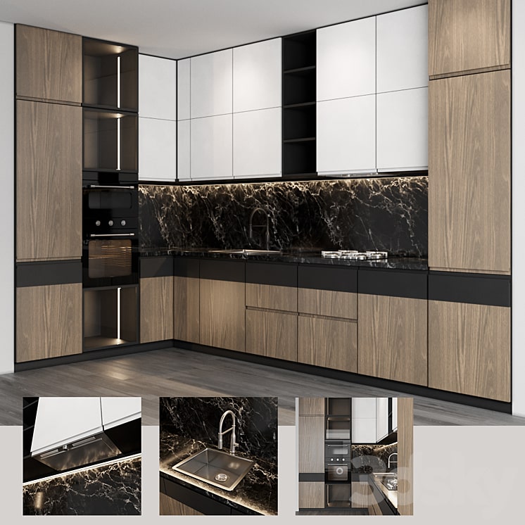Modern kitchen with wood facades-min دانلود فایل سه بعدی Modern kitchen with wood facades
