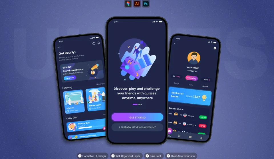 کیت UI اپلیکیشن موبایل Blue Quiz