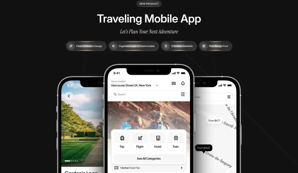 کیت UI اپلیکیشن موبایل Traveling - طراحی مدرن برای سفر و گردشگری
