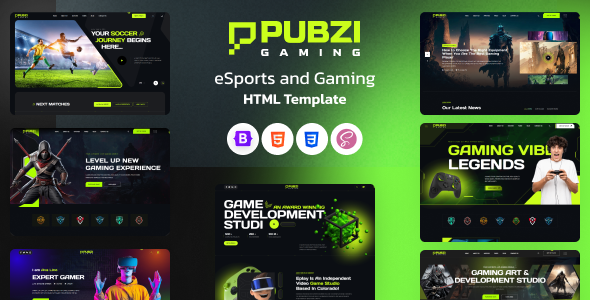 دانلود قالب HTML بازی و eSports با تم تیره Pubzi - مناسب تیم‌ها و استریمرها