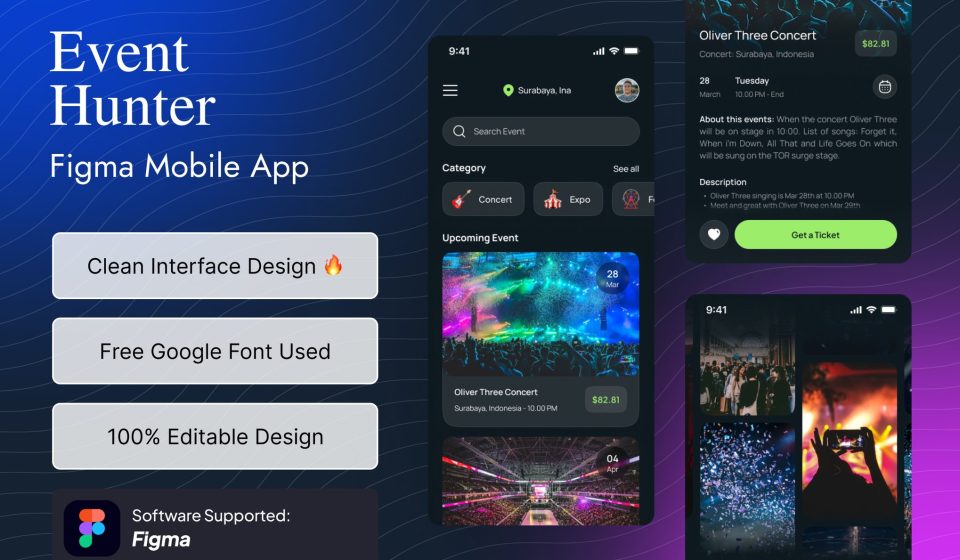دانلود قالب اپلیکیشن موبایل Figma برای کشف و رزرو رویداد - Event Hunter