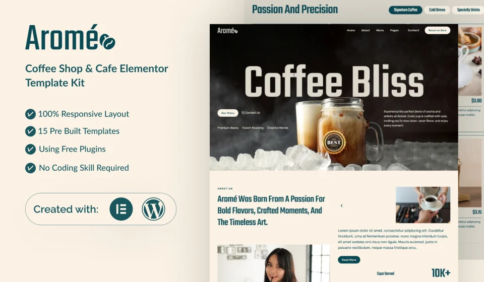 دانلود قالب وردپرس Arome – کیت کافه و قهوه‌فروشی المنتور