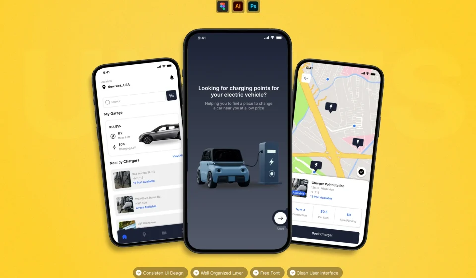 دانلود کیت رابط کاربری اپلیکیشن موبایل Car Charging - ایستگاه شارژ خودرو