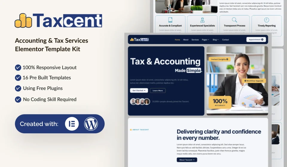 کیت المنتور Taxcent - قالب وردپرس حسابداری و خدمات مالیاتی