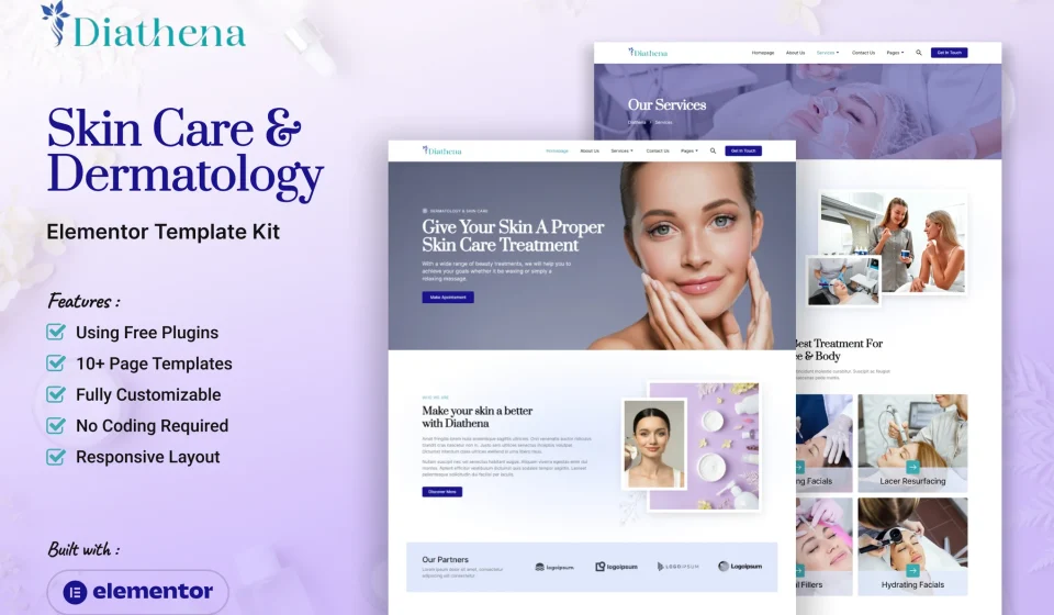 کیت المنتور Diathena - قالب سایت کلینیک پوست و زیبایی