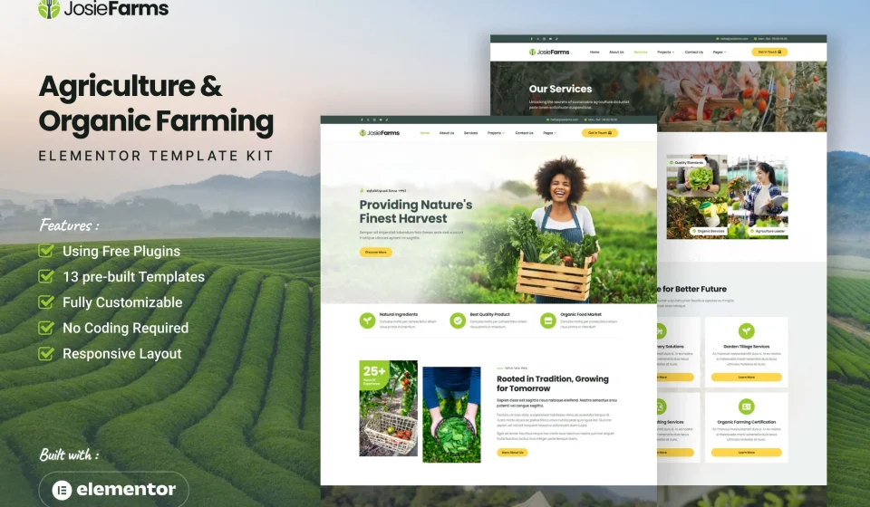 کیت المنتور JosieFarms - قالب سایت مزرعه‌داری و صنایع غذایی