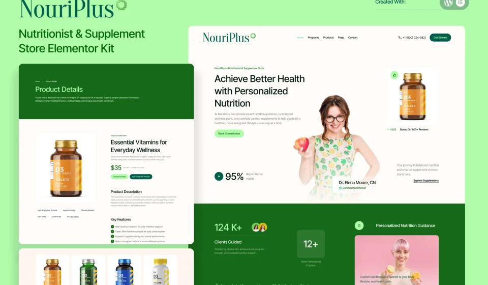 کیت المنتور NouriPlus – قالب تخصصی متخصص تغذیه و سلامت