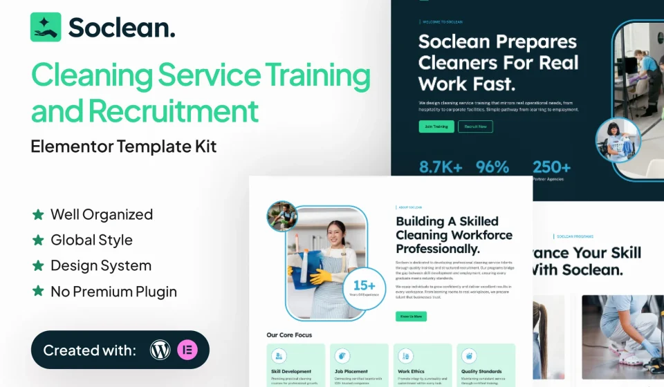 کیت المنتور Soclean – قالب استخدام کاریابی خدمات نظافتی