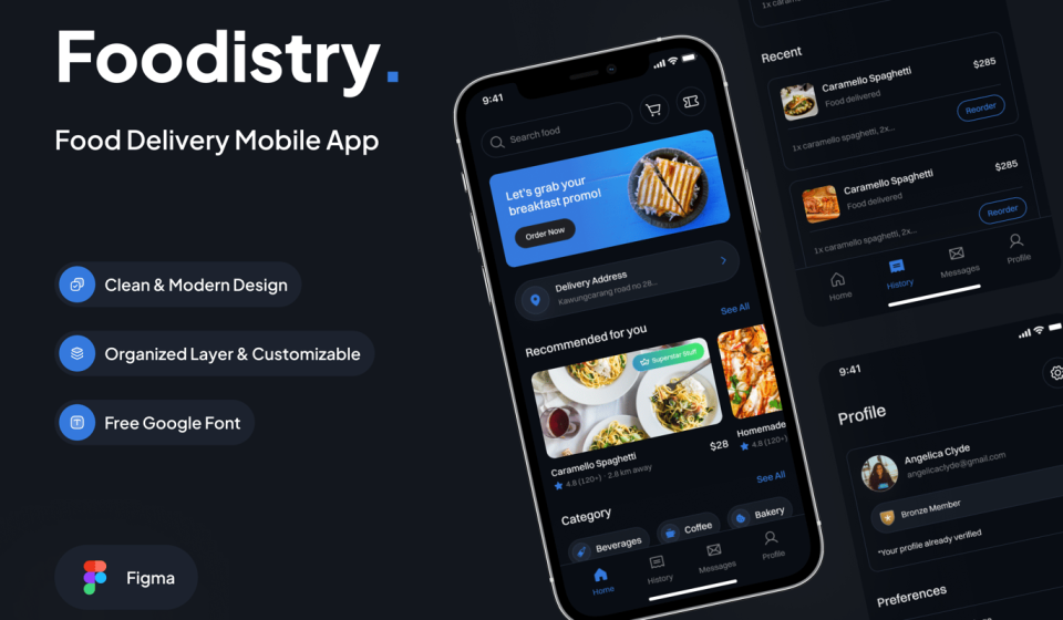 کیت طراحی Foodistry - تمپلیت اپلیکیشن فود دلیوری مود تاریک