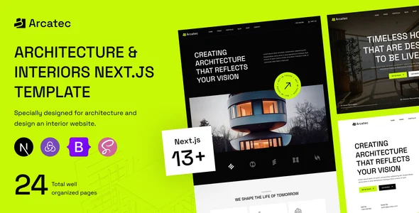 قالب Next.js معماری و دکوراسیون داخلی Arcatec | تمپلیت پیشرفته نکست ۱۴ و ری‌اکت با تایپ‌اسکریپت