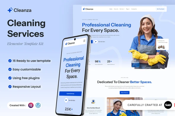 کیت تمپلیت المنتور خدمات نظافتی و خدماتی Cleanza | قالب آماده شرکت نظافت منزل، محل کار و ضدعفونی