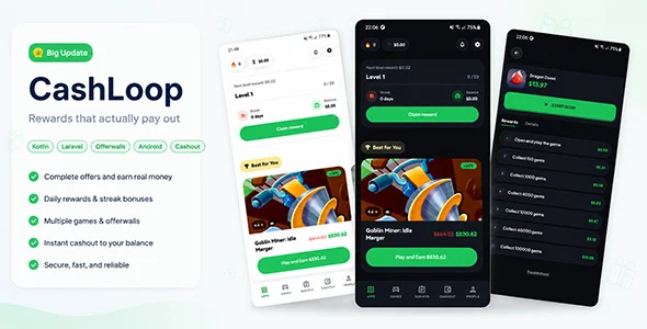 سورس کد اپلیکیشن Cashloop | سیستم پاداشدهی و کسب درآمد با پنل لاراول cash party and rewards with 13 networks and admin panel