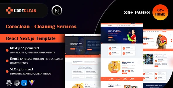 قالب React و Next.js خدماتی Coreclean | پوسته حرفهای شرکتهای نظافتی و خدماتی coreclean cleaning services react nextjs template