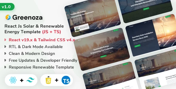 قالب React.js گرینوزا (Greenoza) | راهکار مدرن برای کسبوکارهای انرژیهای تجدیدپذیر greenoza react js solar renewable energy template