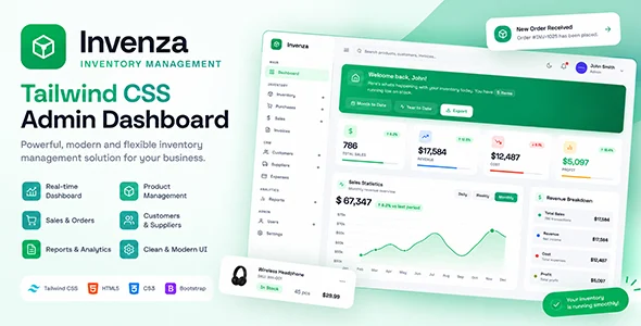 invenza inventory management tailwind css admin dashboard template