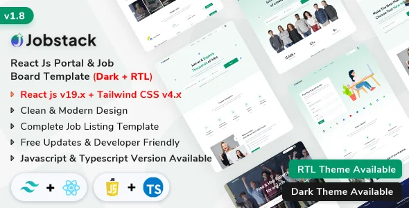 قالب Jobstack: پلتفرم کاریابی و استخدام با React و Tailwind CSS jobstack react tailwind job portal job board template