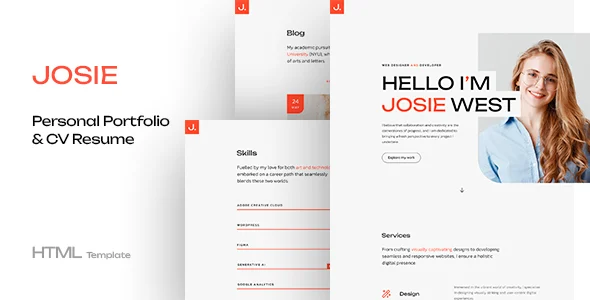 قالب HTML شخصی و رزومه Josie | پوسته مدرن برای پورتفولیو، طراحان و فریلنسرها josie personal portfolio html template