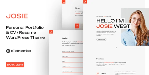 قالب شخصی و رزومه Josie | پوسته مدرن نمونهکار و CV با المنتور josie personal portfolio resume wordpress theme