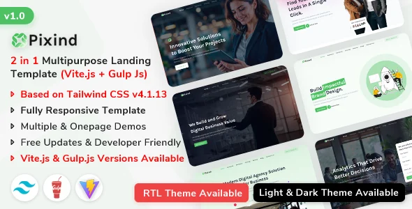 pixind responsive landing template tailwind css v4