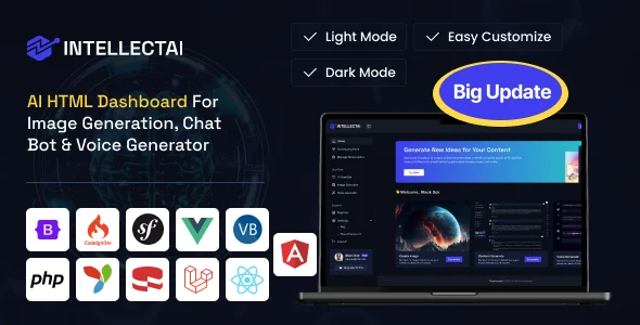 پنل مدیریت هوش مصنوعی IntellectAI؛ راهکار جامع برای ابزارهای AI intellectai ai html dashboard for image generator chat bot voice generator